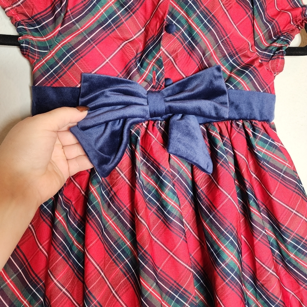NWT Max Studio Kids Red Christmas Plaid Sateen Dress Velevt Bow Size 6 - Picture 3 of 14